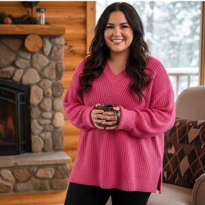 New Nine‎ West $40 1X Oversized Hot Pink Long Sleeve V-Neck Pullover Sweater